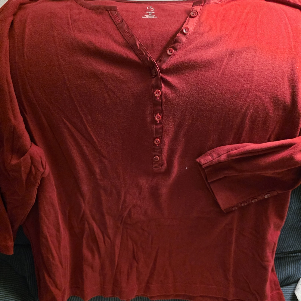 Women's Red Faux Button V-Neck Tee